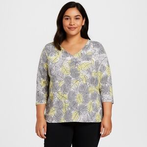 Lark Lane Leaf Print V-Neck Beaded 3/4 Sleeve Top 1X
